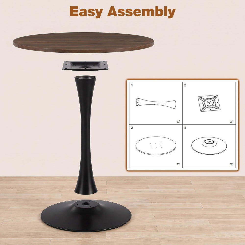 Round 31.5-inch walnut tulip table with a metal pedestal, perfect for small spaces and easy to assemble.