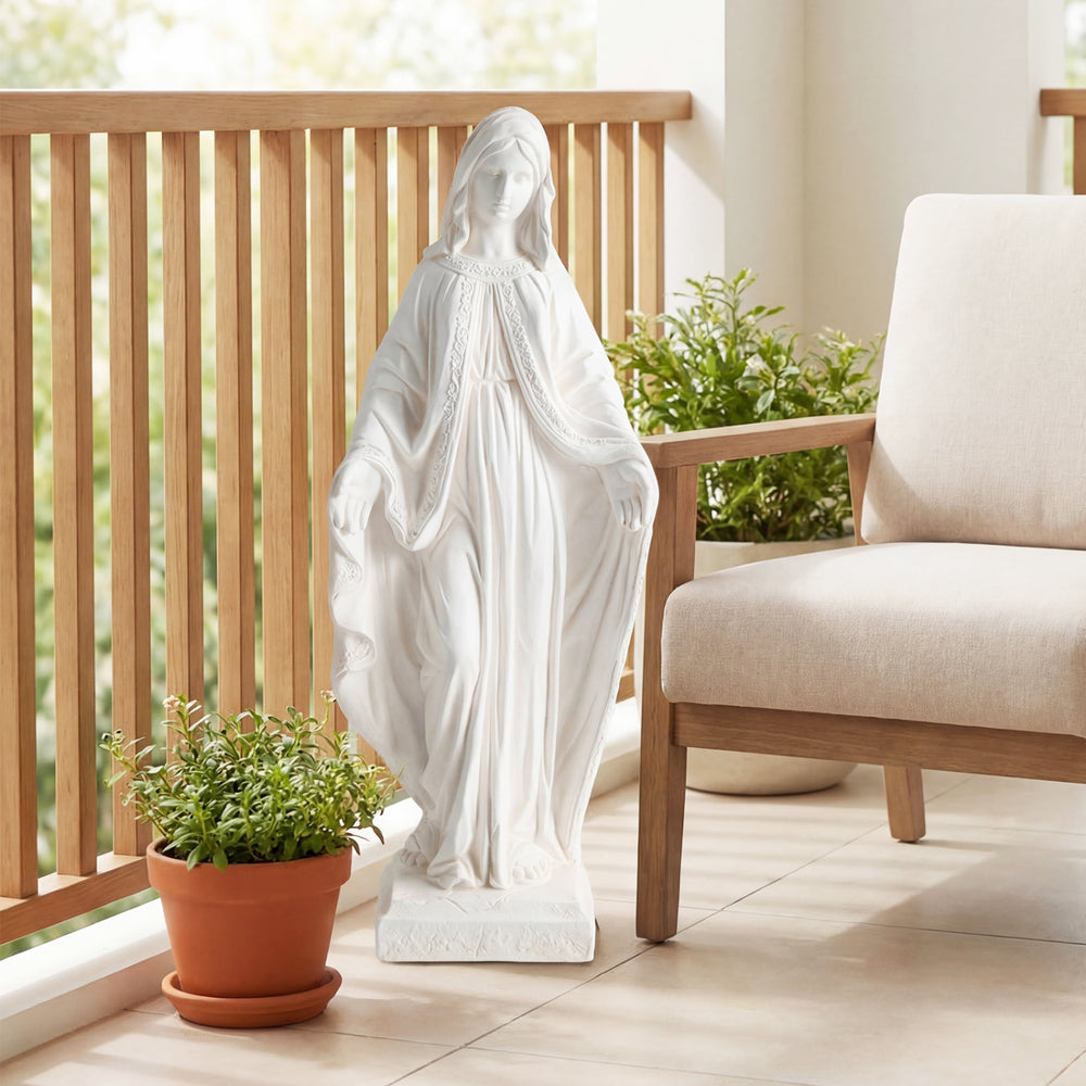 31.5-inch Virgin Mary statue in white with aged finish, perfect for yard or patio decoration and faith-inspired.