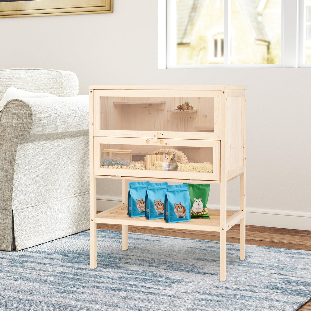 Freestanding wooden hamster cage with multiple activity areas, transparent acrylic, and bottom storage for pet supplies.