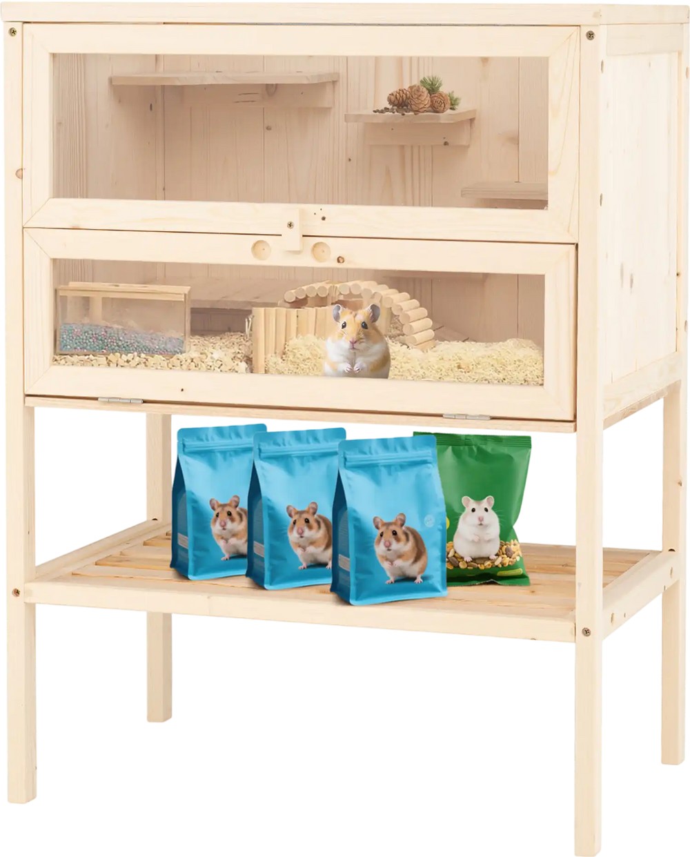 Freestanding wooden hamster cage with transparent acrylic, multiple activity areas, and bottom storage for pet supplies.