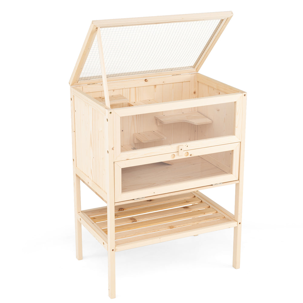 Freestanding wooden hamster cage with flip roof, transparent acrylic, and bottom storage rack for pet supplies.