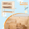 Freestanding wooden hamster cage with dimensions, featuring multiple activity areas and a flip roof design for.