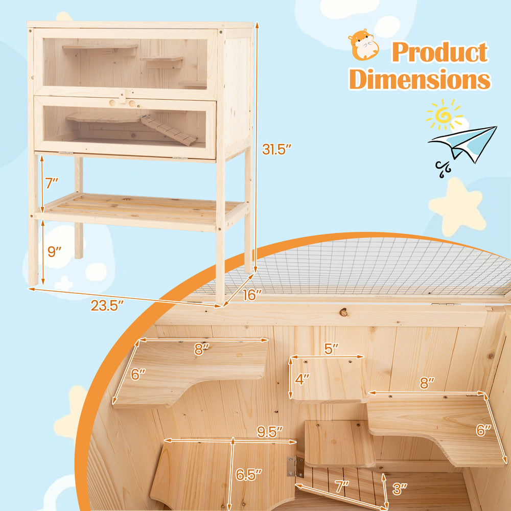 Freestanding wooden hamster cage with dimensions, featuring multiple activity areas and a flip roof design for.