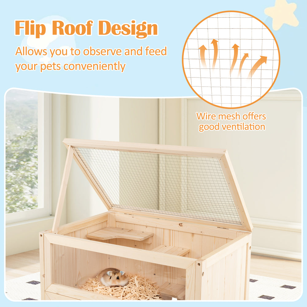 Freestanding hamster cage with flip roof design, wire mesh for ventilation, and spacious interior for small pets.