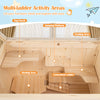 Multi-ladder activity areas in a 31.5-inch wooden hamster cage, featuring platforms and feeding spots for pet.
