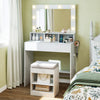 Vanity desk with lighted mirror, adjustable brightness, and storage shelves in white, ideal for small spaces.