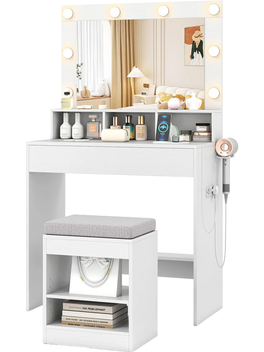 Matching stool with cushion and under-seat storage for the 31.5-inch white vanity desk, enhancing compact space.