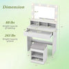 Dimensions of the 31.5-inch white vanity desk with lighted mirror, storage shelves, and matching stool.
