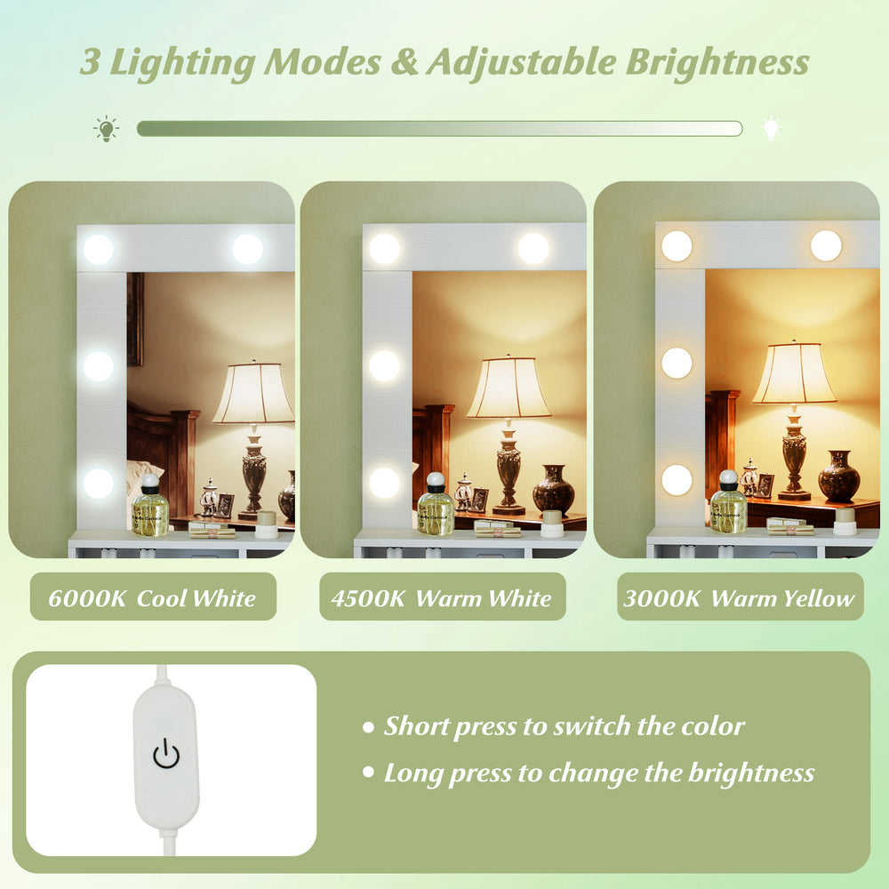 Vanity desk with lighted mirror showcasing 3 lighting modes, adjustable brightness, and storage shelves in white.