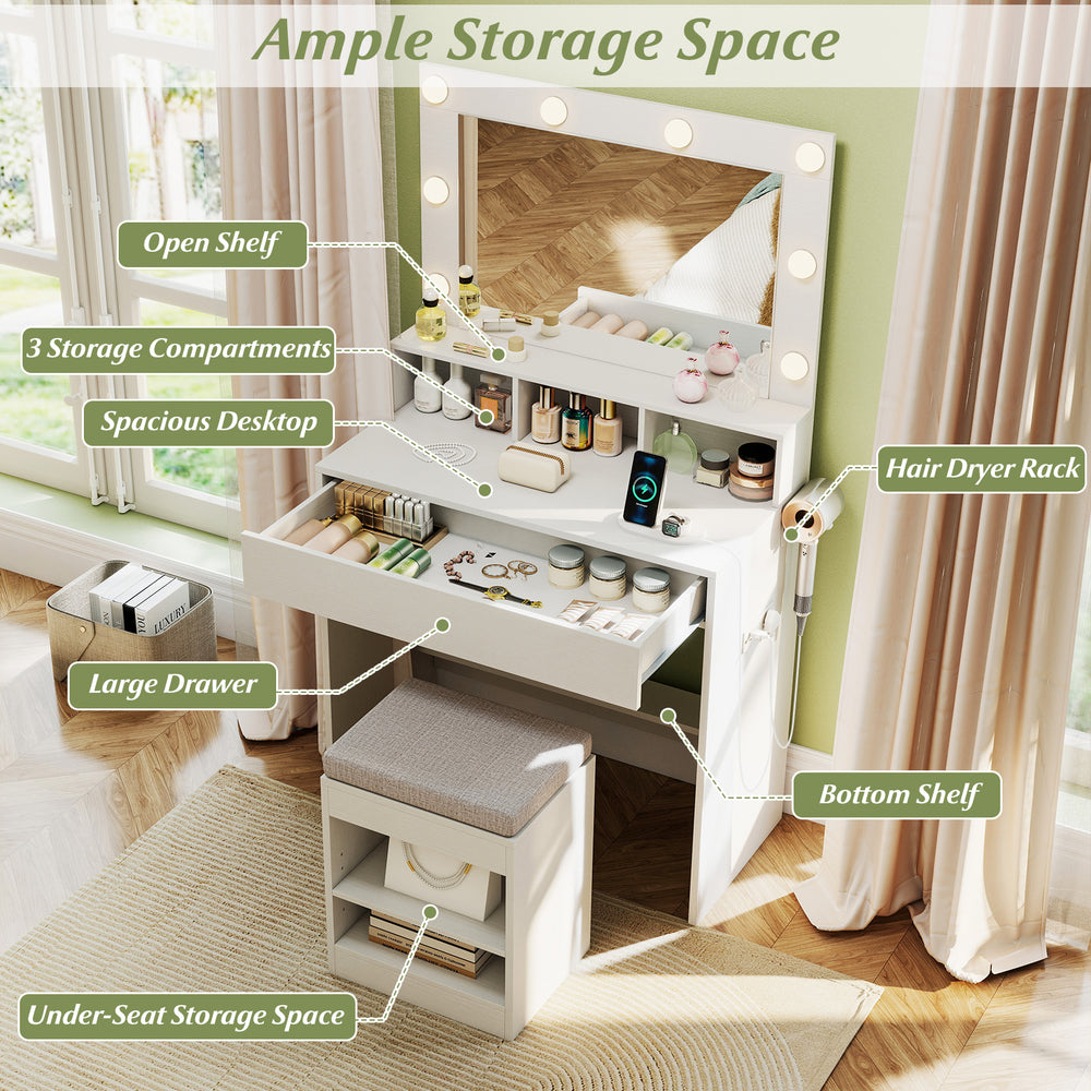 Vanity desk with lighted mirror, 3 storage compartments, and large drawer for organized beauty essentials.