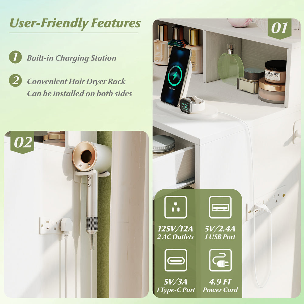 Vanity desk with built-in charging station, adjustable lighted mirror, and storage shelves for compact spaces.
