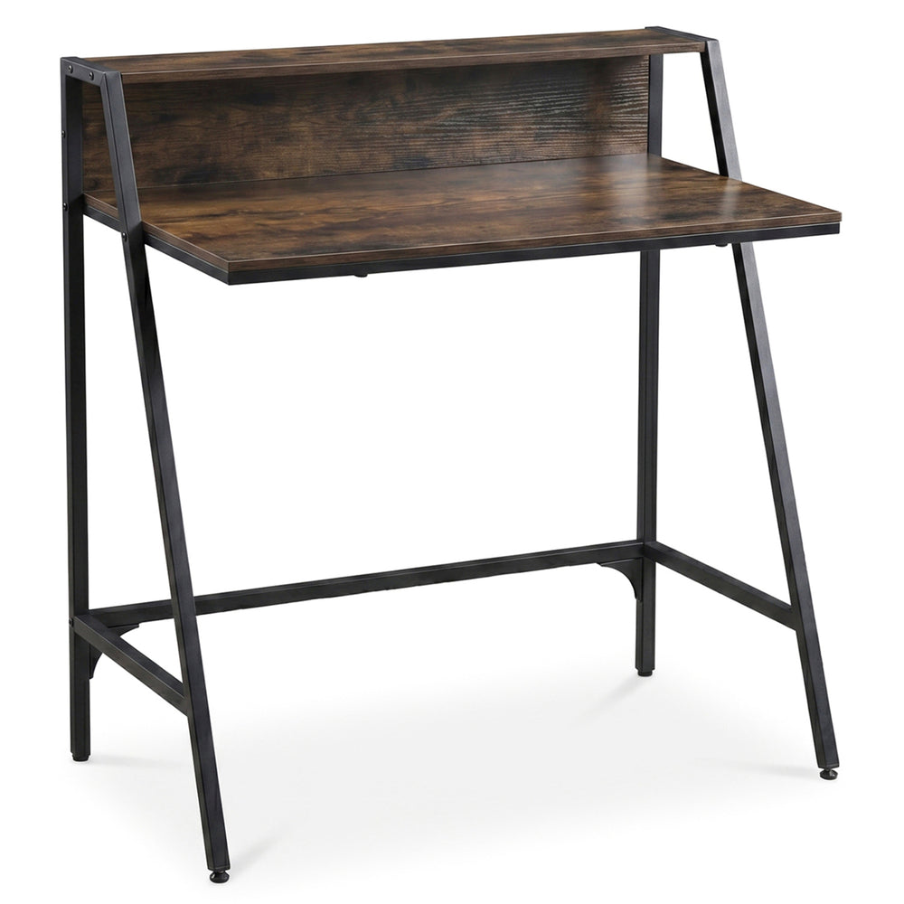Rustic brown industrial desk with raised shelf, featuring adjustable foot pads for stability on uneven surfaces.