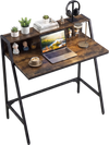 Top view of the 31.5" rustic brown industrial desk, highlighting its raised shelf and organized workspace design.