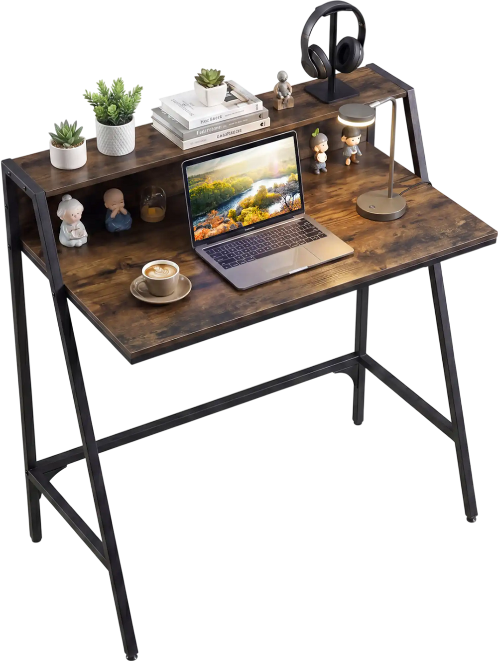 Top view of the 31.5" rustic brown industrial desk, highlighting its raised shelf and organized workspace design.