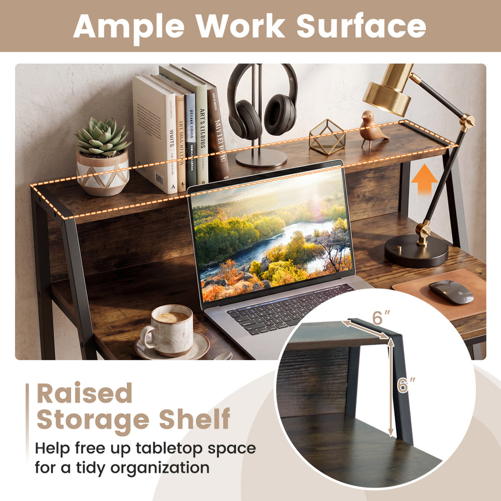 31.5" industrial desk in rustic brown with raised shelf, offering ample workspace and organized storage for small rooms.