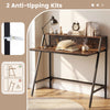 Industrial desk with raised shelf in rustic brown, featuring a metal frame and anti-tipping kits for stability.