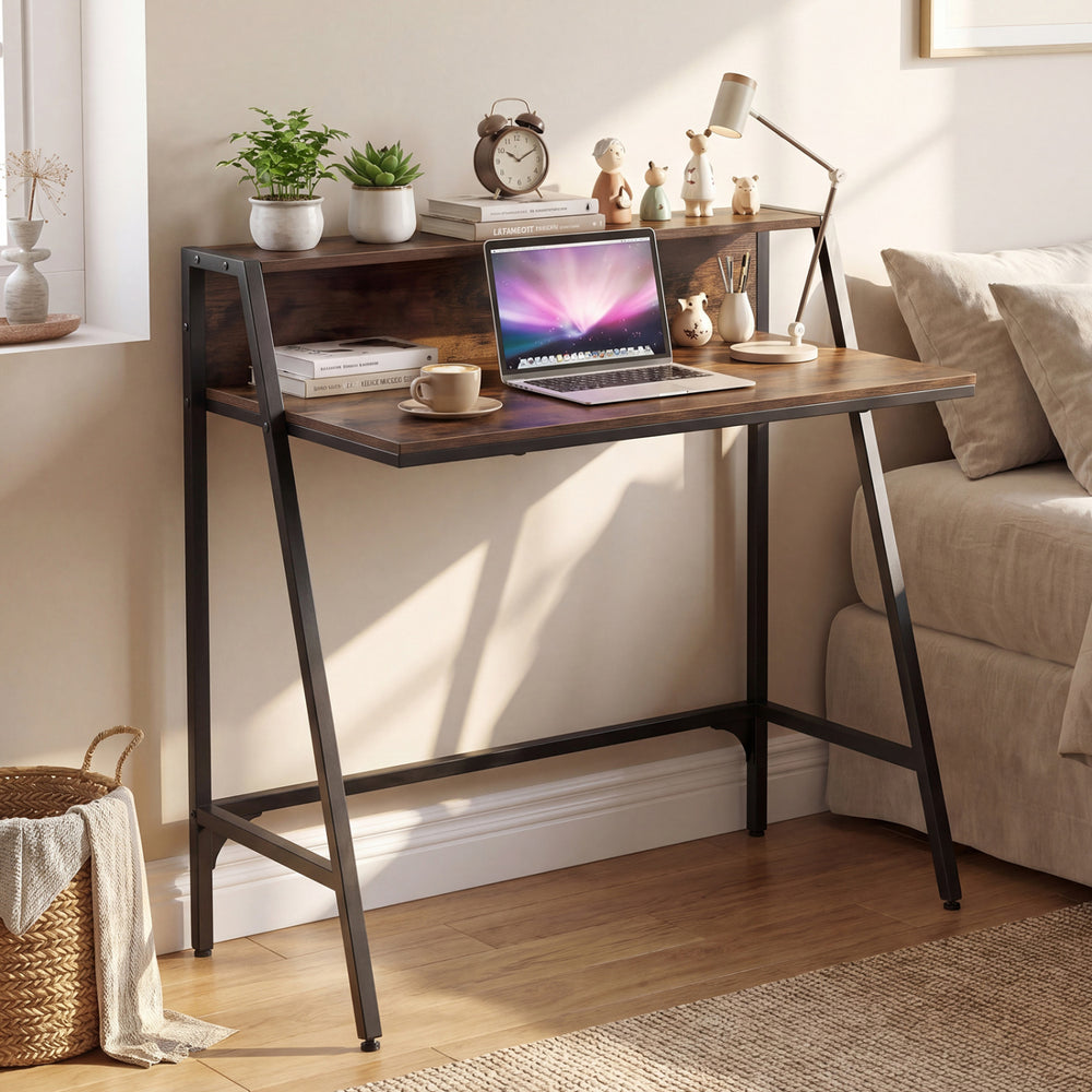 31.5" Industrial Desk with Raised Shelf Metal Frame-Rustic Brown - Gallery View 1 of 10