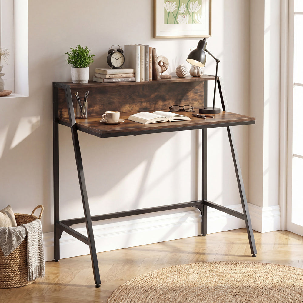 Rustic brown industrial desk showcasing a raised shelf and stable trapezoidal metal frame, perfect for efficient.