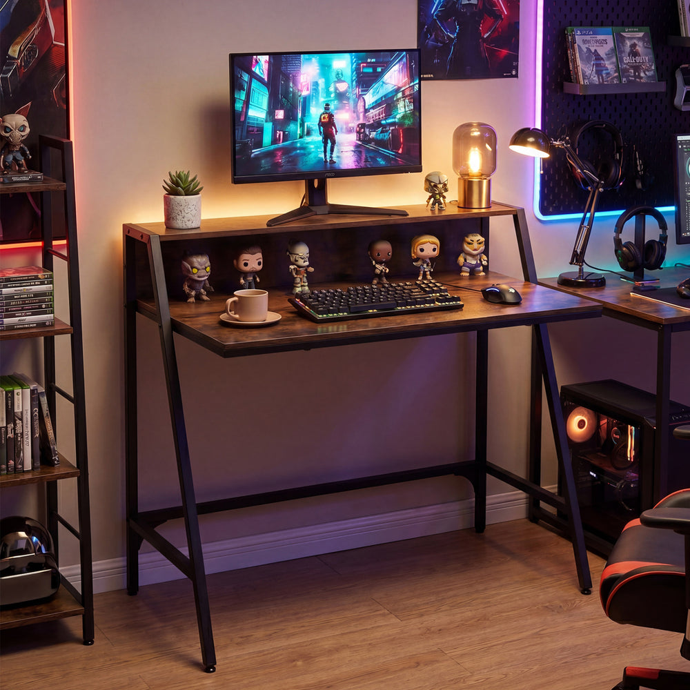 Close-up of the rustic brown surface of the 31.5" industrial desk, highlighting the metal frame and raised shelf for.