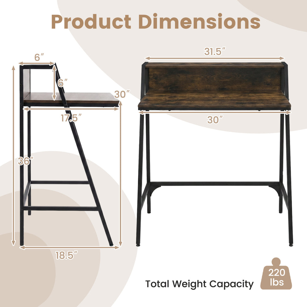 Industrial desk with raised shelf in rustic brown, featuring a metal frame and dimensions of 31.5" x 30" for.