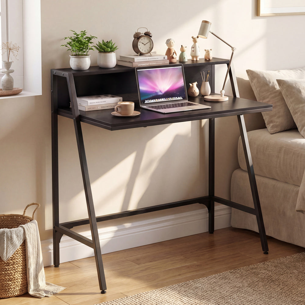 31.5" Industrial Desk with Raised Shelf Metal Frame-Black - Gallery View 1 of 10