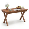 Teak wood coffee table with slatted tabletop, X-shaped legs, perfect for outdoor use on the patio or garden.