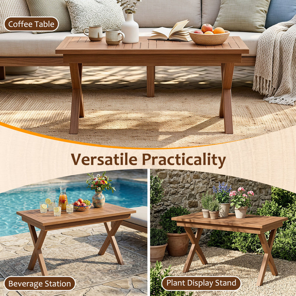 Outdoor teak wood coffee table with slatted tabletop, ideal as a beverage station or plant display stand for patios.