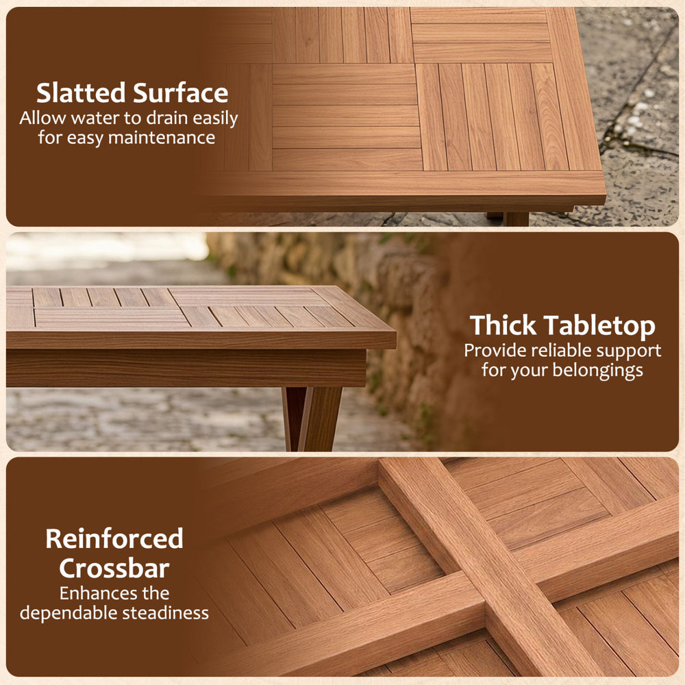 Teak wood coffee table with slatted tabletop and thick design, perfect for outdoor use on patios or balconies.