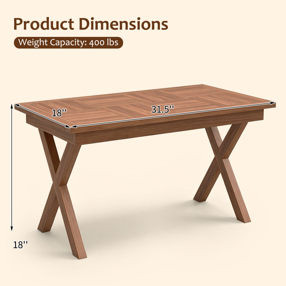 Teak wood coffee table with slatted tabletop, 31.5" wide, supports 400 lbs, ideal for outdoor use on patios or balconies.