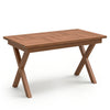 Teak wood coffee table with slatted tabletop and X-shaped legs, perfect for outdoor use on patios or balconies.