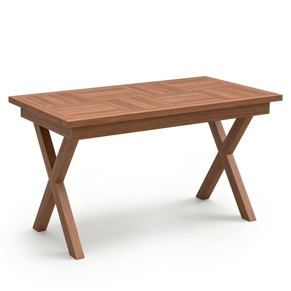 Teak wood coffee table with slatted tabletop and X-shaped legs, perfect for outdoor use on patios or balconies.