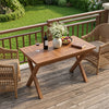 Teak wood coffee table with slatted tabletop, X-shaped legs, and smooth surface, ideal for outdoor patio use.