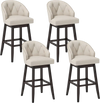 Set of 4 beige padded bar stools with rubber wood frame, 31-inch height, featuring swivel seats and tufted design.