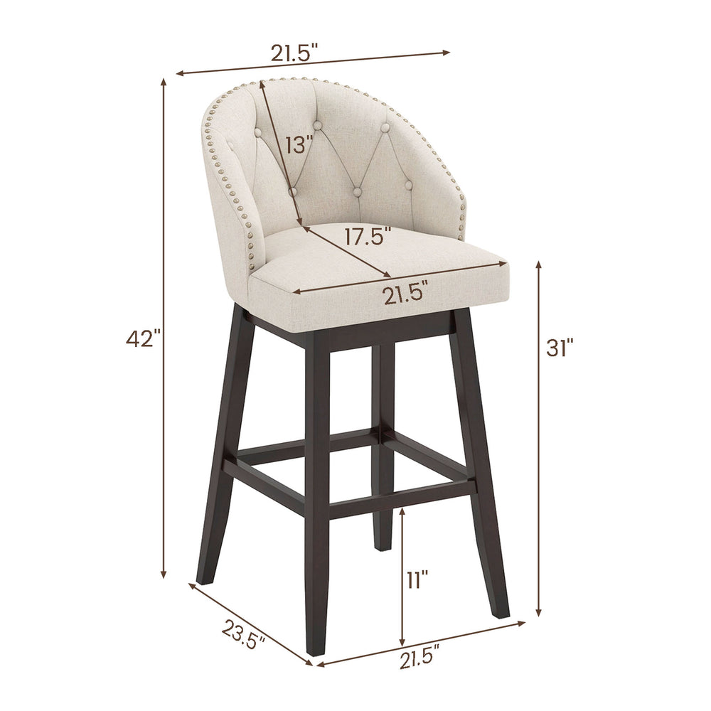 Beige padded bar stool with ergonomic backrest, rubber wood frame, and 360° swivel seat, ideal for kitchen or pub use.