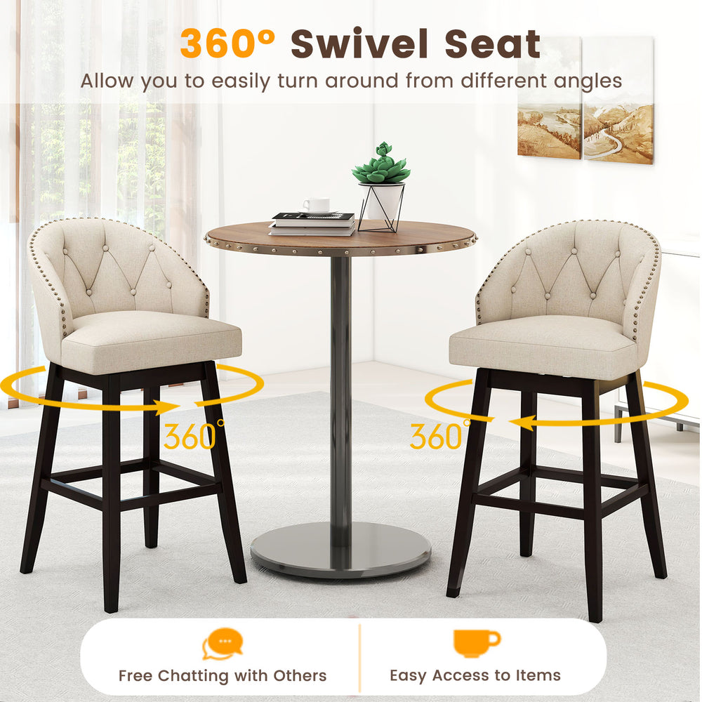 Beige padded bar stools with 360° swivel seats and rubber wood frame, ideal for kitchen islands and cafes.