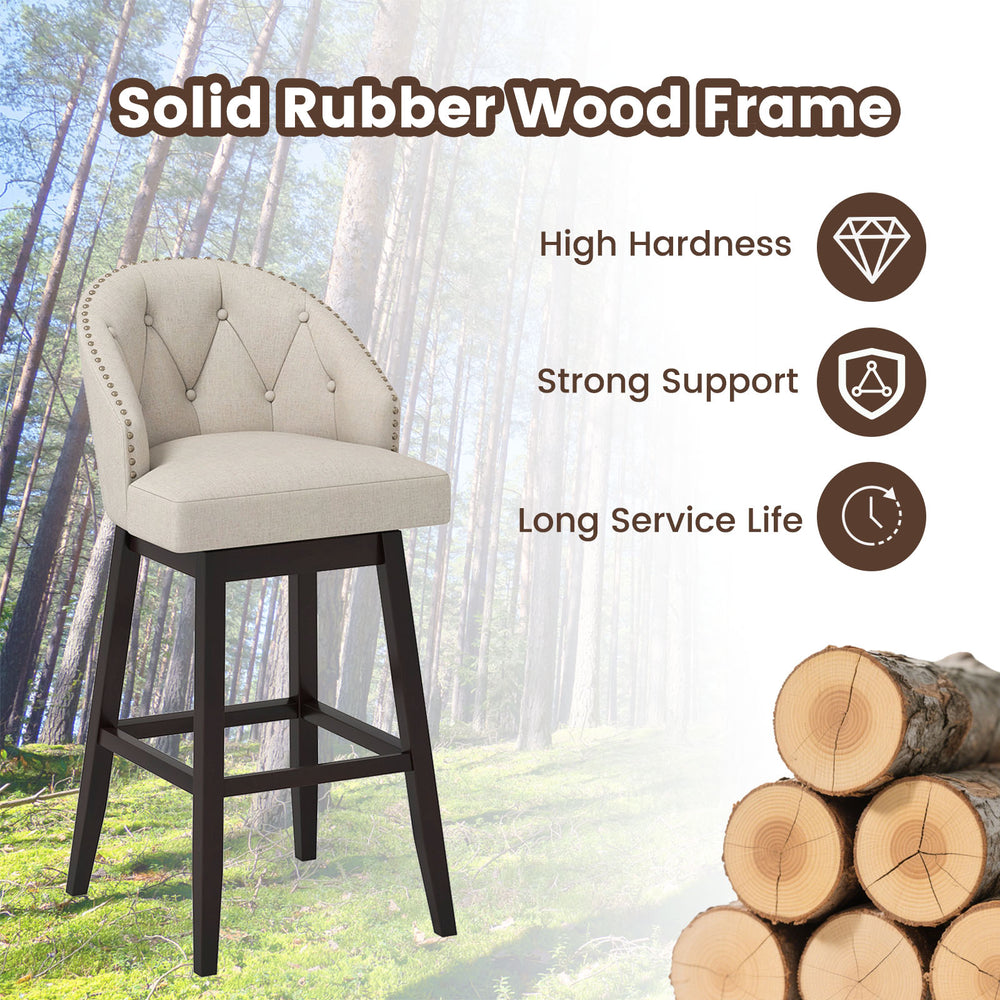 Beige padded bar stool with a solid rubber wood frame, 360° swivel seat, and ergonomic backrest for kitchen or pub use.