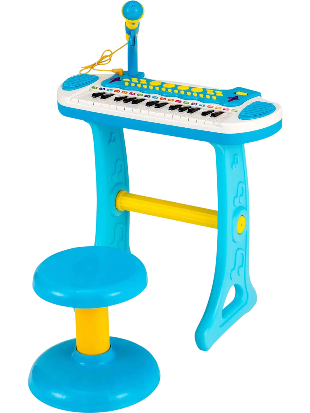Kids piano keyboard toy in blue with microphone, 31 keys, and adjustable stool for musical fun and development.