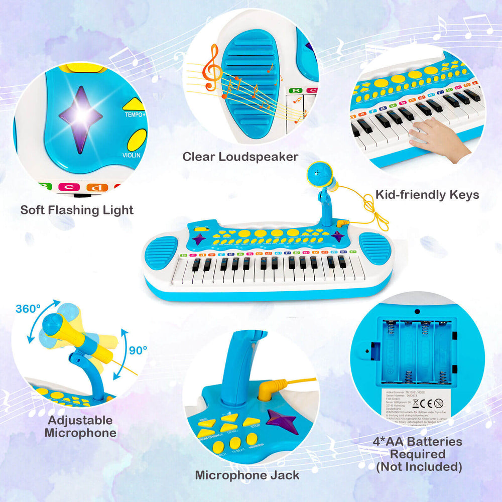 31-key blue kids piano keyboard toy with adjustable microphone, featuring multiple sounds and kid-friendly keys for fun.