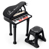 Kids piano keyboard in black with 31 keys, microphone, and stool, designed for fun music learning and play.