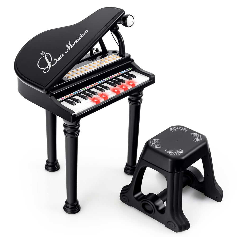 Kids piano keyboard in black with 31 keys, microphone, and stool, designed for fun music learning and play.