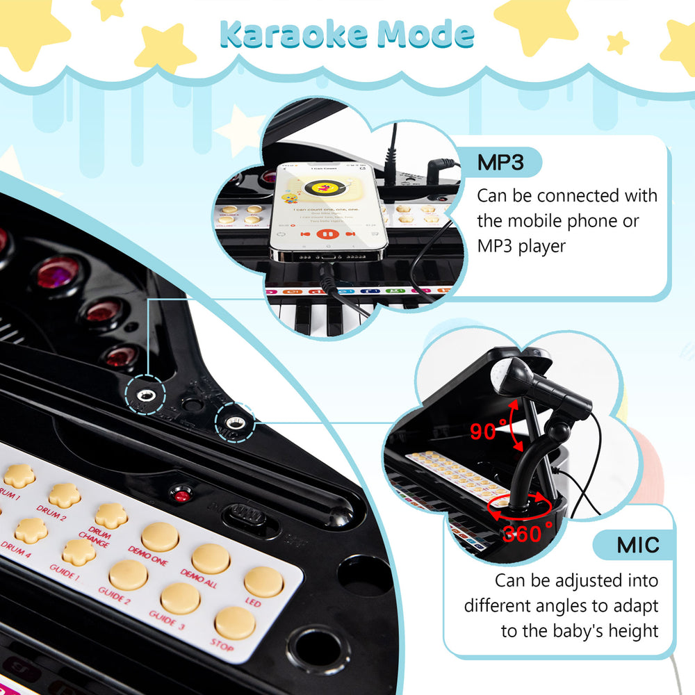 Kids piano keyboard with 31 keys, MP3 interface, and adjustable microphone for fun singing practice and learning.