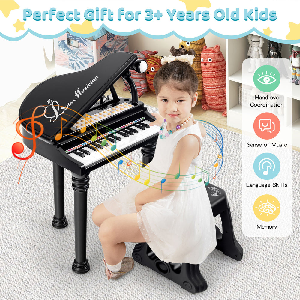Kids piano keyboard with 31 keys, LED lights, and stool, perfect educational gift for children aged 3+.