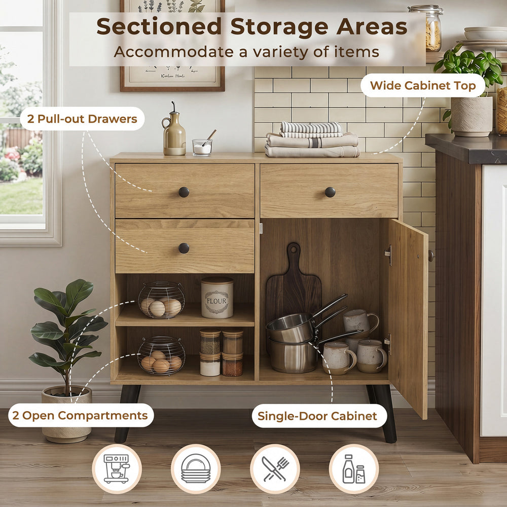 31" sideboard cabinet in natural finish featuring 2 drawers, 2 open compartments, and a single-door cabinet for.