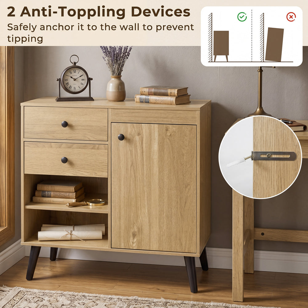 31" natural sideboard cabinet featuring 2 open compartments, 2 drawers, and anti-tipping devices for safety and.