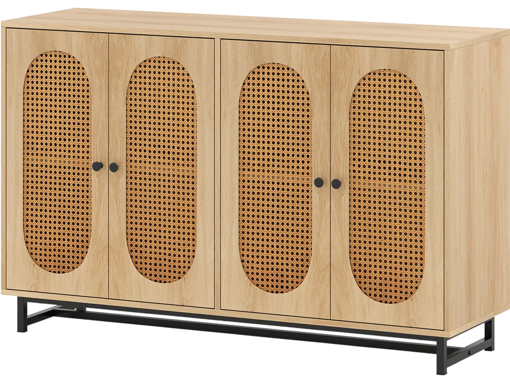 50-inch buffet sideboard cabinet with 4 rattan doors, adjustable shelves, and natural wood finish for versatile storage.