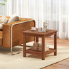 2-tier outdoor side table in solid wood with slatted top and storage shelf, perfect for patio or living room use.