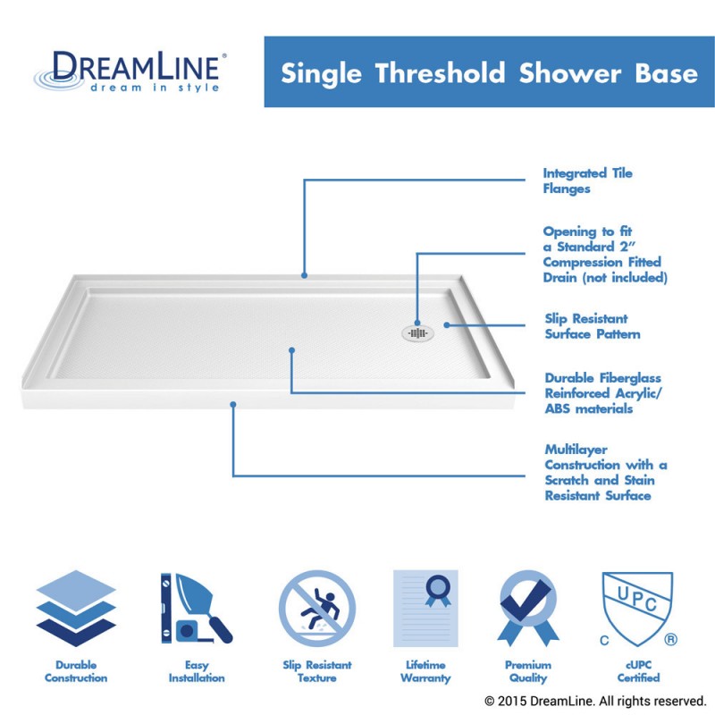 DreamLine SlimLine Shower Base Right Drain Single Threshold 30" x 60" x 2.75" New
