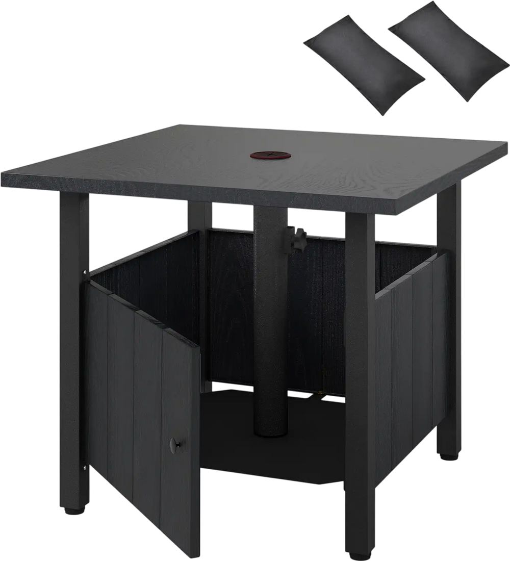 Outdoor side table in black with 1.89" umbrella hole, sturdy zinc-iron alloy, and storage door for patio use.