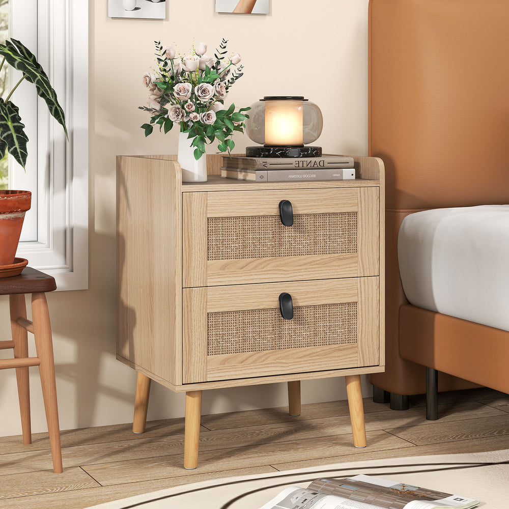 Modern End Table Bedside Table with 2 Rattan Decorated Drawers-Natural - Gallery View 1 of 10