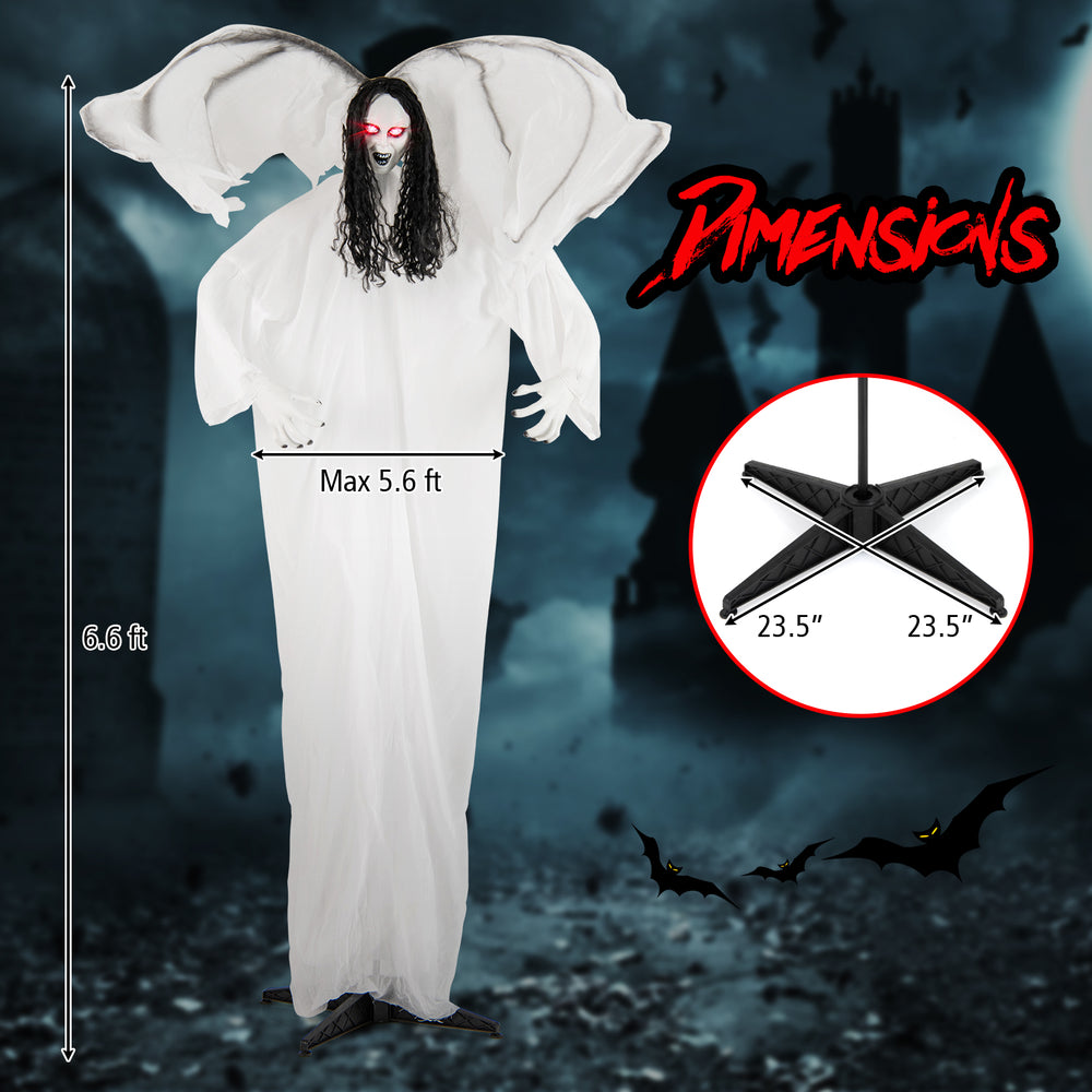 6.6 feet Halloween animatronic angel with light-up red eyes, flapping wings, and poseable arms for spooky indoor decor.